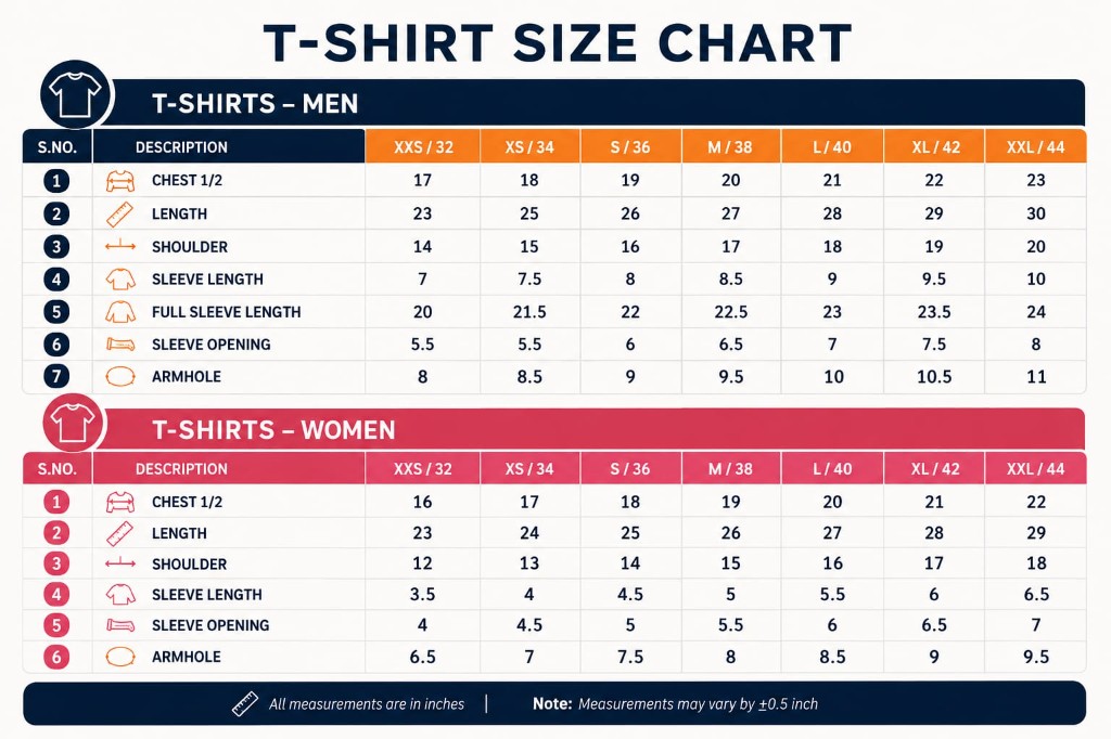 Men and women t-shirt size chart in inches, XXS to XXL. Measurements may vary by plus or minus 0.5 inch.